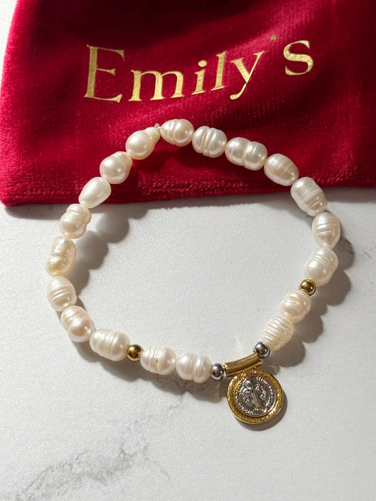 Pulsera perlas con San Benito 2 tonos