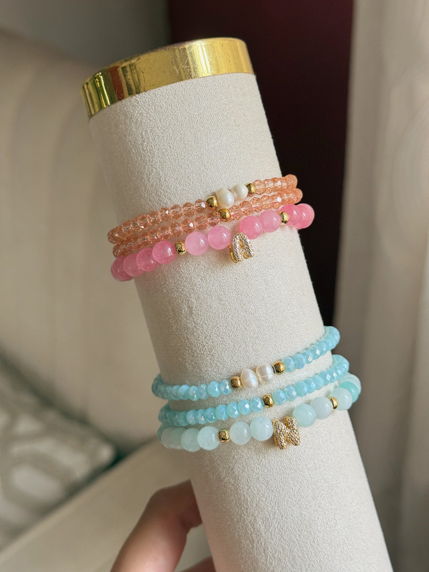 Set pulsera jade con inicial y pulseras de cristales✨