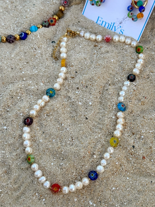 Collar perlas y millefiori acero