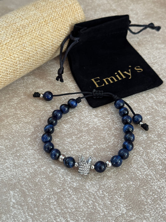 Pulsera ojo de tigre azul & corona